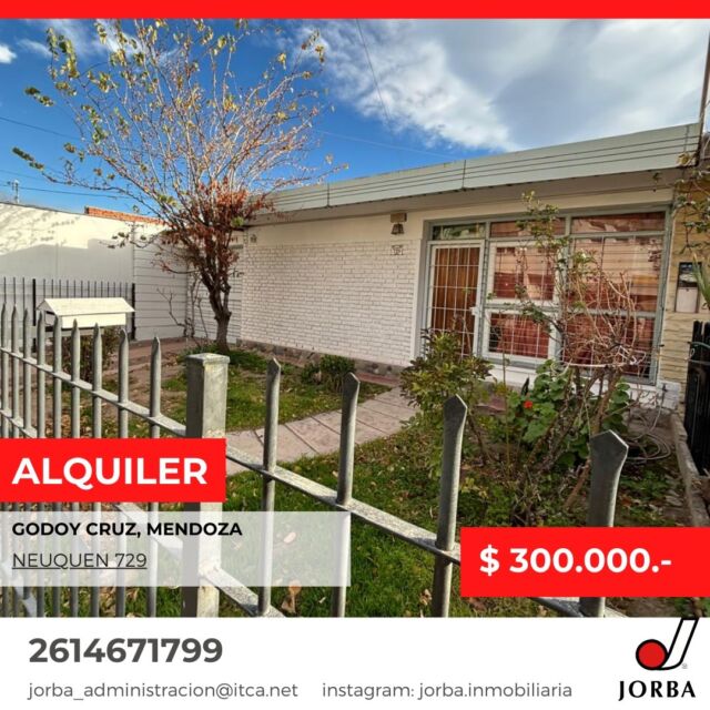 📍Bº TRAPICHE DE GODOY CRUZ
Casa muy luminosa desarrollada en una planta, cuenta con jardín en el ingreso, living, comedor, cocina, tres dormitorios con placares, un baño completo, lavandería, cochera pasante para dos vehículos techados y uno sin techar, patio embaldosado con churrasquera.-
#alquiler